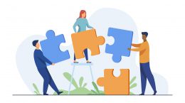 Partners holding big jigsaw puzzle pieces flat vector illustration. Successful partnership, communication and collaboration metaphor. Teamwork and business cooperation concept.